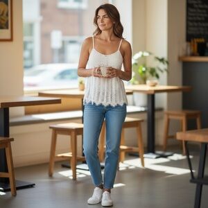 Raiment Fashions NWT White Crochet Camisole Boho Festival Top Sequin Fringe L